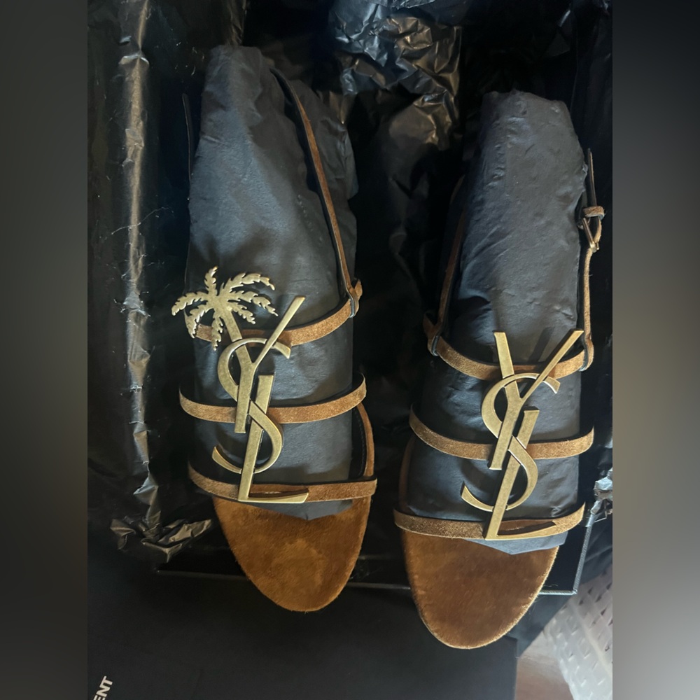 New Saint Laurent Cassandra Suede YSL logo Palm tree Sandals Brown Sandals - Picture 11 of 13